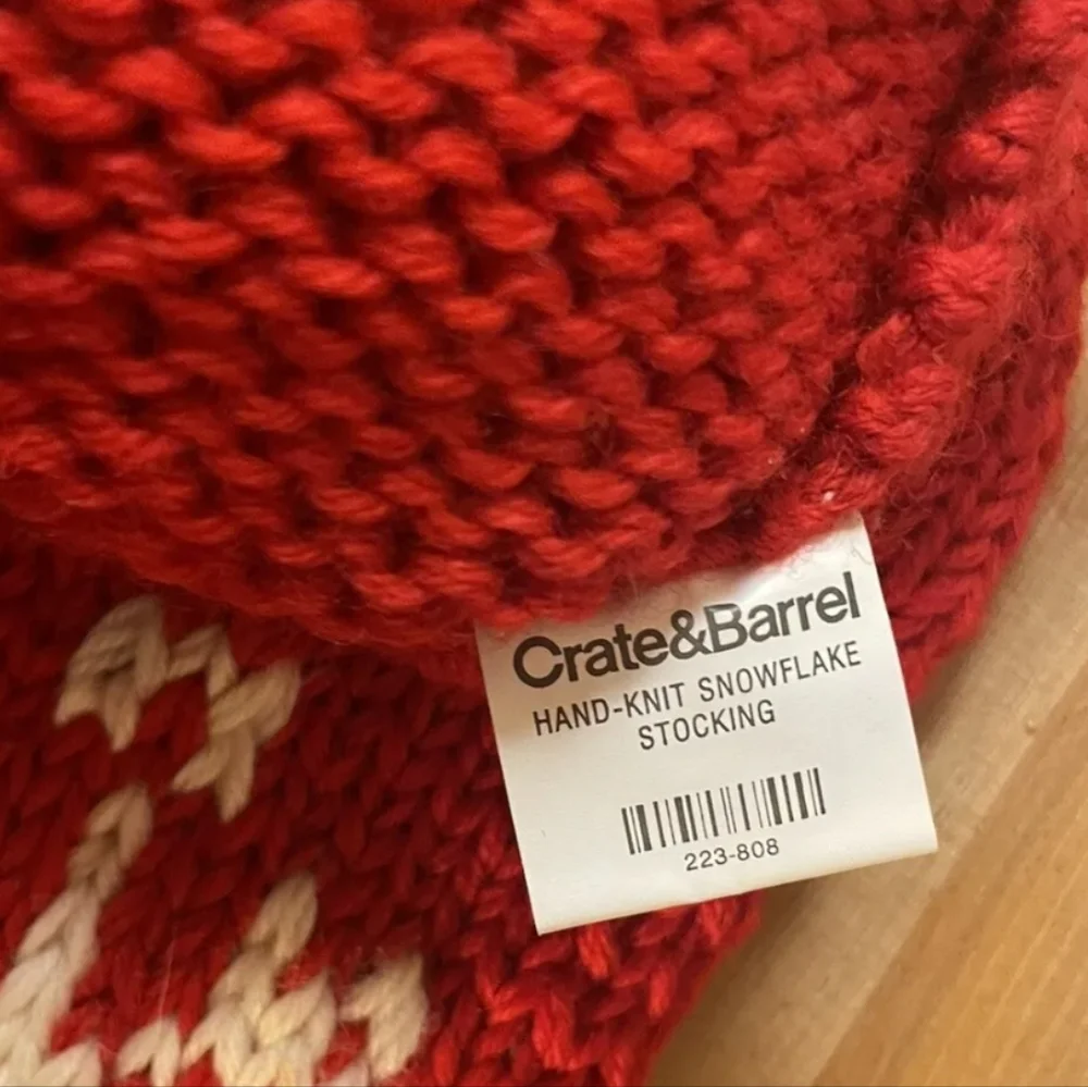Crate & Barrel SNOWFLAKE Christmas Stocking Hand Knit Wool Red